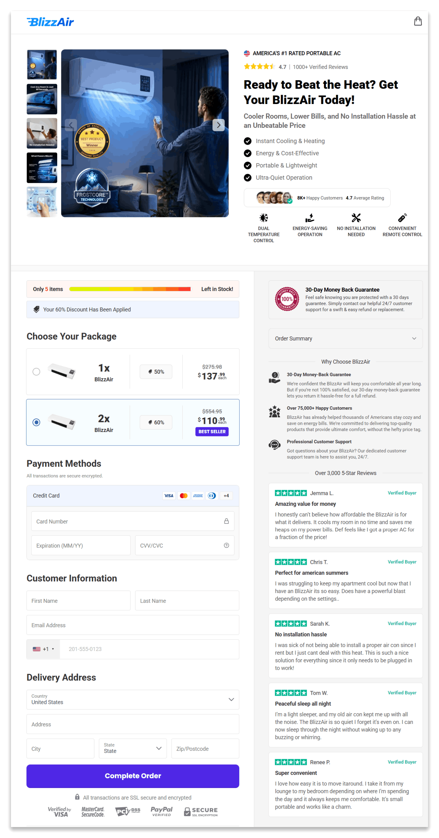 BlizzAir Portable AC checkout page